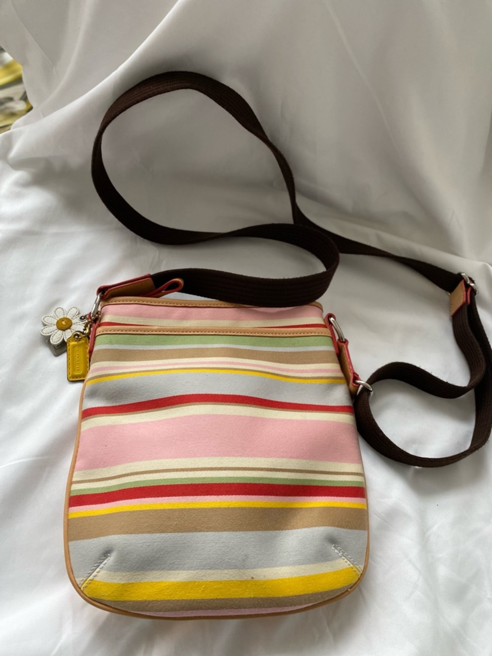Coach Pink Multi-Stripe Crossbody with Daisy Charm and Brown Strap